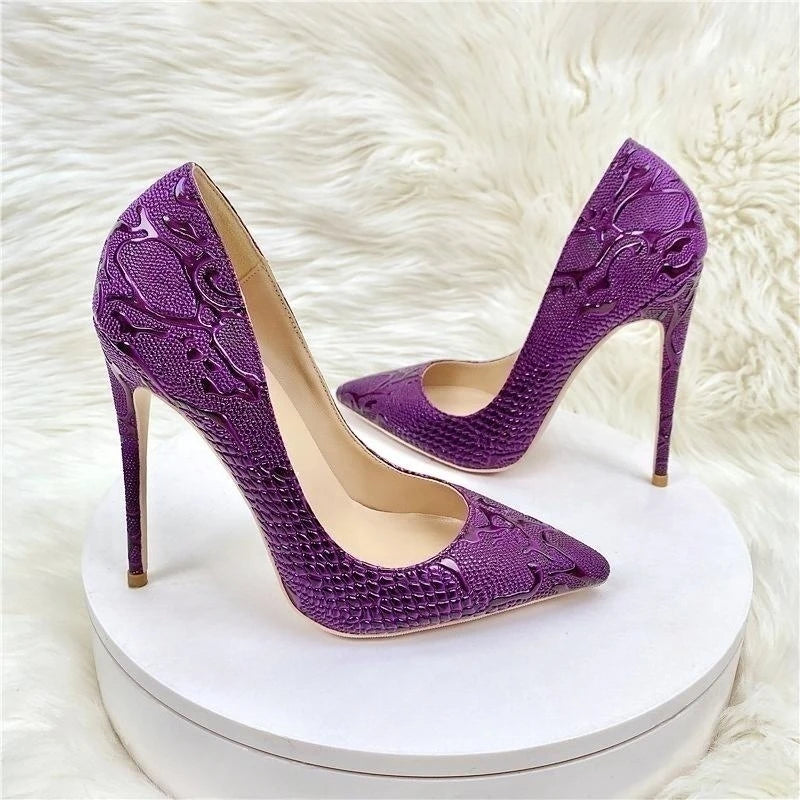 Escarpins à talons hauts à enfiler pour femmes, effet crocodile en relief violet, robe sexy pour dames, chaussures pointues Parker pour la fête