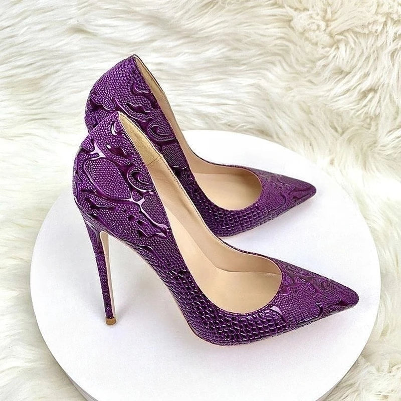 Escarpins à talons hauts à enfiler pour femmes, effet crocodile en relief violet, robe sexy pour dames, chaussures pointues Parker pour la fête
